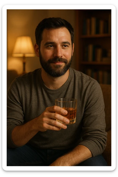 A man with a beard holding a glass of whiskey sticker