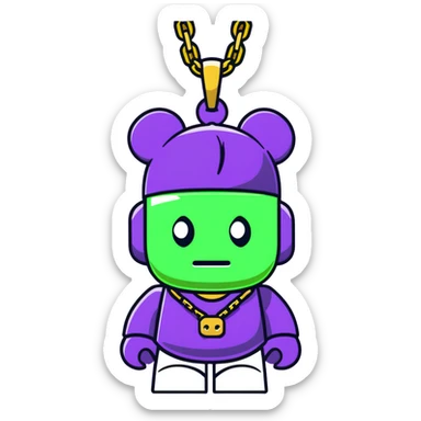 classic bearbrick figure with lime green mask covered in chaotic brand logos, wearing several large gold chains, gold pendant, rapper style accessories, expressive eyebrows sticker