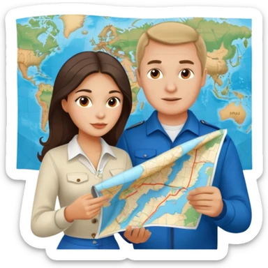 Russian man and elegant fair-skinned Latina girl in costal outfits with a map planning  sticker