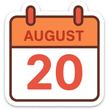A simple calendar page showing August 20th, with the date clearly visible in red color, no background, clean and minimal style. sticker