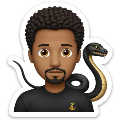 Homme noir de peau,  yeux marron avec un bouc sans la moustache, cheveux noir court et bouclé crépus avec un dégradé sur le côté, avec un cobra à côté , t-shirt noir  sticker