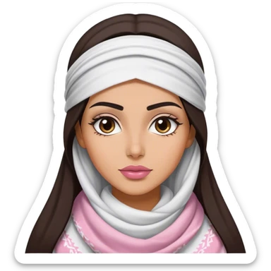 A woman with long, dark hair wears a traditional white keffiyeh, her makeup is well done, with defined eyebrows and soft pink lips  sticker