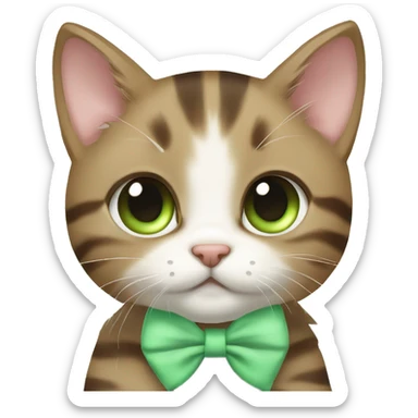 kawaii brown tabby kitten with green eyes and pastel green bow sticker