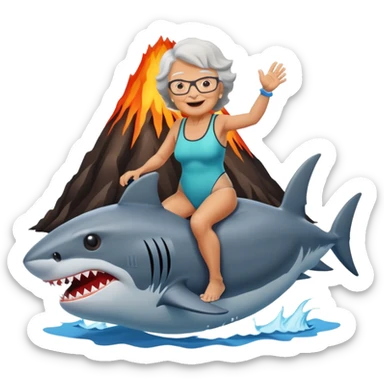 A grandma riding a shark into a volcano sticker
