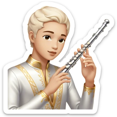 Cinematic Realistic Flute, polished silver metal with precise keywork, warm golden reflections dancing along its surface, soft hands carefully positioned over the keys, glowing with an elegant and airy charm. sticker