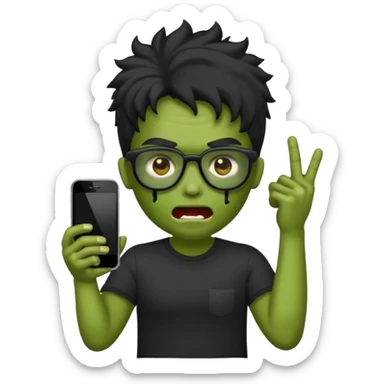 Crie um zumbi estilo emoji do iPhone com cabelo ondulado grande preto com camiseta preta e óculos de grau preto sticker