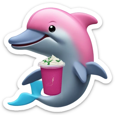 a pink dolphin holding a Starbucks açaí refresher  sticker
