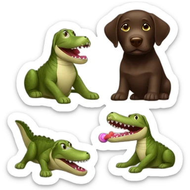 Chocolate labrador playing with toy crocodile sticker