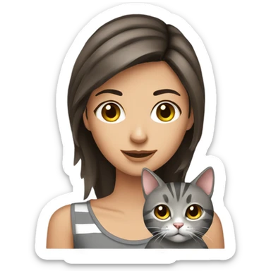 Brown eyed Pretty brunette woman with gray striped cat  sticker