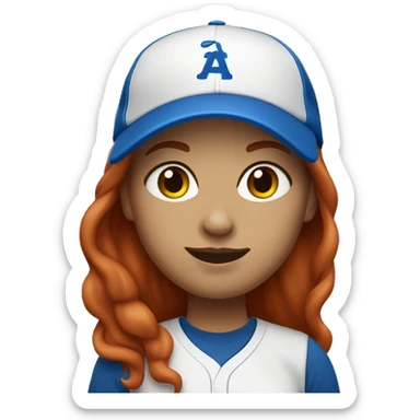 front facing standing female coach with long red hair, wearing a white t-shirt and a simple baseball blue hat sticker