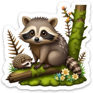 Collage of an exotic raccoon and a hedgehog, both curiously exploring a forest setting with moss and small flowers. The raccoon is perched on a tree branch, and the hedgehog is nestled in the underbrush. Vibrant nature backdrop. Transparent background. sticker