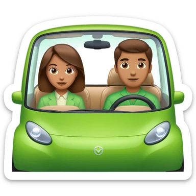 Brown haired man and a brown haired woman riding in a green electric car sticker