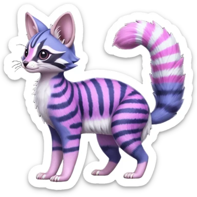 Beautiful fluffy thick puffy hyper-realistic lifelike furry Indigo, purple, violet, pink, Civet-Genet-Possum-Serval-Caracal-Sergal-Trico-Numbat-Furret-fusion-Fakemon-hybrid-creature (full body) with long tufted ears and a striped tufted tail  sticker