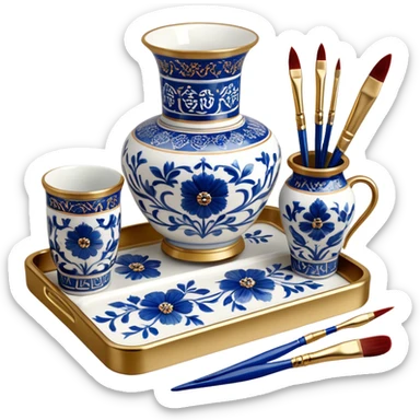 Metal painting icon, a metal vase, tray and one metal cup with 3 brushes, each decorated with different techniques: Gzhel-style blue floral patterns, Chinese red and gold designs, and intricate Golden embroidery-style details. Visible fine paintbrush, paint pots, and accessories like porcelain palette, minimalistic style, clean lines, transparent background. sticker