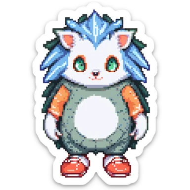 blue humanoid hedgehog with white gloves and socks, red shoes, 3 quills, peach belly, green eyes sticker