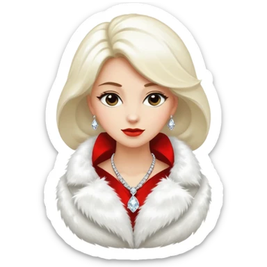 * Character: A stylish lady
* ﻿﻿Clothing: A luxurious white fur coat
* ﻿﻿Accessories: A dazzling diamond necklace
* ﻿﻿Expression: Confident, elegant, maybe slightly glamorous
* ﻿﻿Pose: Head slightly tilted or a poised posture
* ﻿﻿Style: Emoji-like, simple but expressive sticker