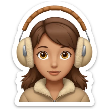 A girl wearing beige ear muffs, tan skin, brown hair, brown eyes sticker