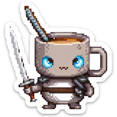 cute coffee mug character with eyes holding a katana sticker