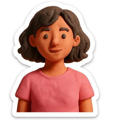 young brunette woman with short wavy hair to shoulders, wearing a pink t-shirt sticker