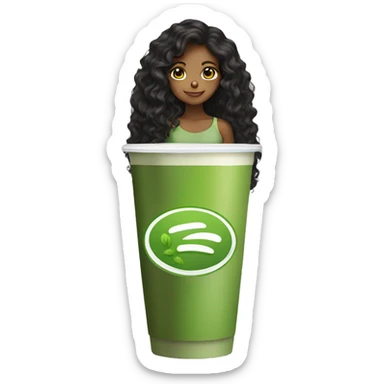 A brown girl who’s drink matcha with black curly long hair  sticker