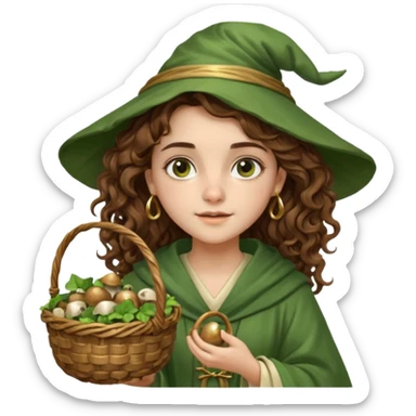 very beautiful italian girl, looking like Emma Watson, with curly and big volume very bright brown hair, and a golden piercing ring in nose on left side, dressed in a beautiful wizard robe of green colors, with basket of mushrooms sticker