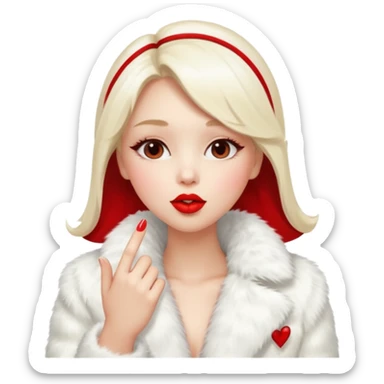 A beautiful, cute girl with red lipstick on her lips in a white fur coat,  in full view, blowing a kiss. sticker