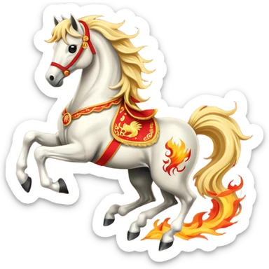 A prancing horse with fore hooves in the air and flames for mane and tail. The horse has a red sash in commemoration of Chinese year of the horse. sticker