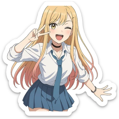 Marin Kitagawa, playful pose, school uniform, long blonde hair with pink tips, anime illustration sticker
