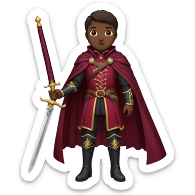 Vestimenta: Ropa de noble — chaqueta ajustada, capa corta, botas altas y espada al cinto. Colores oscuros (rojo vino, negro, granate) sticker