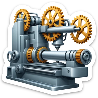An icon featuring a giant machine tool in a factory, manufacturing machines. The design includes gears, mechanical parts, and a production line, representing the art of mechanical engineering and industrial design. Transparent background highlights precision engineering and manufacturing processes. sticker