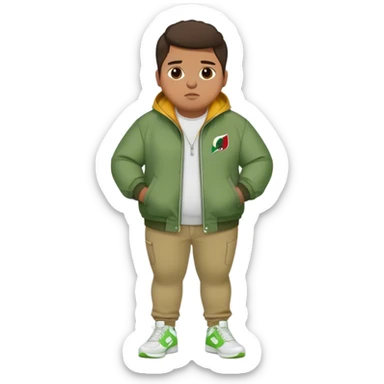 Fat mexican teen with green jacket, skinny khaki jeans, and white nikes sticker