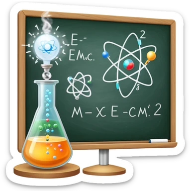 An icon featuring an atom model, a beaker with swirling particles, and a chalkboard with E=mc², symbolizing physics. The design includes a magnet, a pendulum, and a prism splitting light, representing the study of matter, energy, and natural laws. Transparent background sticker