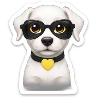 completely white puppy in yellow square glasses with a black dress sticker