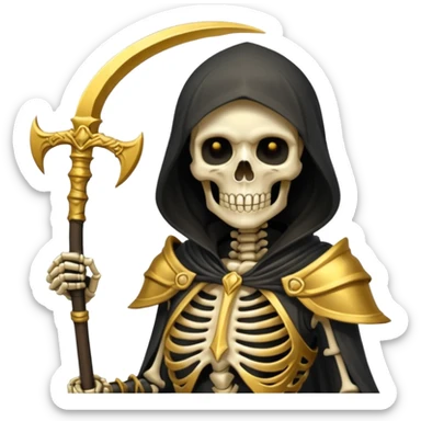 feminine skeleton grim reaper in a gold with scythe sticker