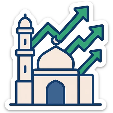 mosque silhouette with green upward stock arrows, flat modern style, Middle Eastern trading theme sticker