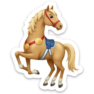 friendly anthropomorphised horse in jeans and a t-shirt, wearing a gold medal sticker