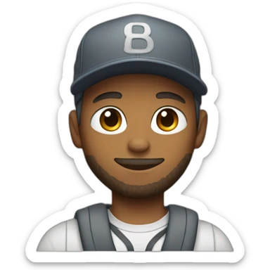 a young man with a short beard and a snapback hat holding a big grey cat sticker