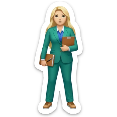 Full Body white plus size female basketball head coach using a clipboard with long blonde hair in a blue and green suit sticker