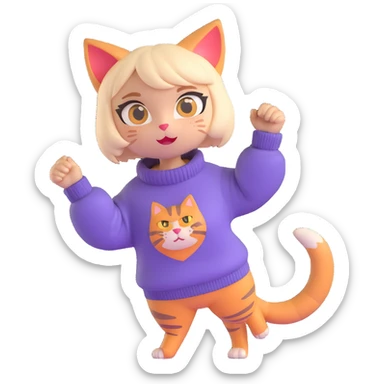 cute 3D cat girl, short hair, energetic pose, oversized sweater, bright eyes, playful vibe sticker