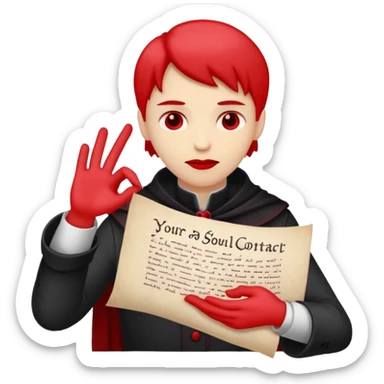 Minimalist emoji-style sticker of a pale hand signing a parchment contract titled “YOUR SOUL” in gothic font, muted red ink, grayscale background sticker