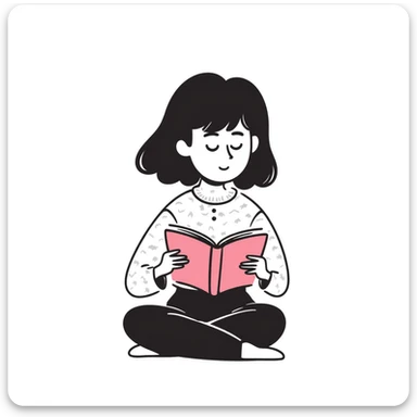 girly character with brown soft curly hair reading a pink book sticker