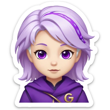 Chibi Sable Ward with playful wink, white hair with purple streaks, fully purple eyes, with small GG text appearing beside her sticker