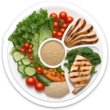 a large white round plate of realistic healthy food sticker