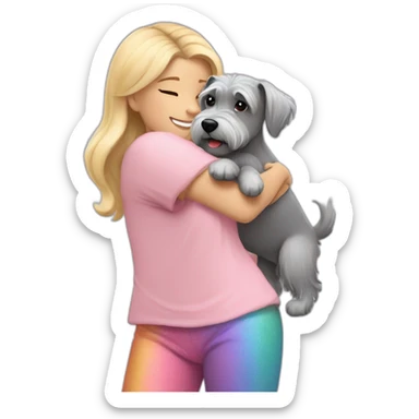 A girl with blonde hair in a light pink T-shirt and rainbow leggings hugs a gray Schnauzer dog sticker