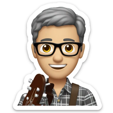 A male music teacher with short grey and brown hair, with very light stubble,  black rectangle glasses, wearing a short sleeve button up patterned shirt, larger muscular body type, playing a guitar sticker