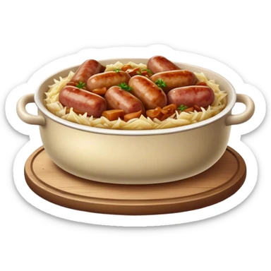 Cinematic Realistic Bigos Dish Emoji, showcasing a hearty stew of sauerkraut and meats rendered with rich textures and dynamic, rustic lighting. sticker