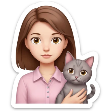 cô gái da trắng tóc nâu dễ thương áo hồng kem cùng với con mèo lông xám sticker