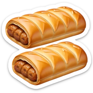 cinematic-realistic-sausage-roll-dish-emoji,-depicted-with-a-crisp,-golden-pastry-wrapped-around-flavorful-sausage,-rendered-with-detailed-textures-sitting ona.     plastic wrapper unrapped  sticker