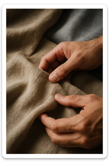 Primo piano di mani che toccano tessuto di lino grezzo, texture naturale dettagliata, colori puri e genuini, luce che rivela la bellezza delle imperfezioni naturali, mentre i sintetici appaiono artificiali e freddi in secondo piano sticker