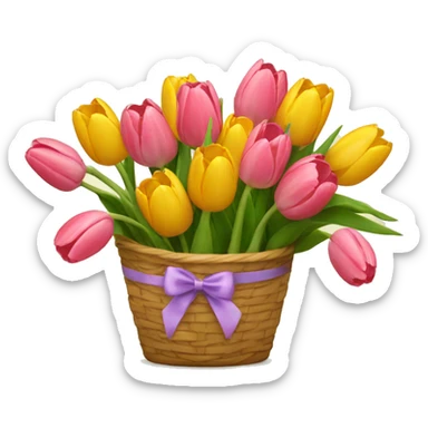 tulips in basket with bow tied sticker